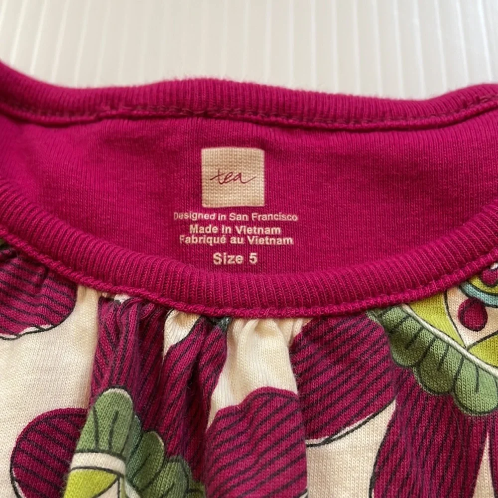 Tea cap sleeve off white with burgundy and green flowered dress, girls size 5